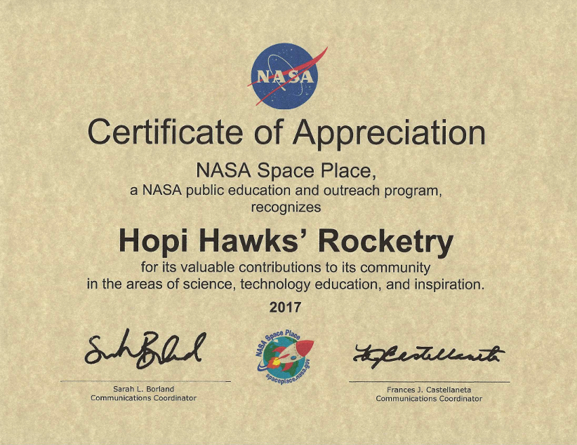 NASA certificate of appreciation for 2017