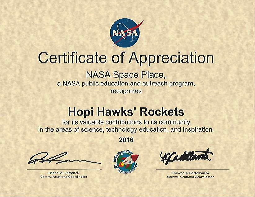 NASA certificate of appreciation for 2016