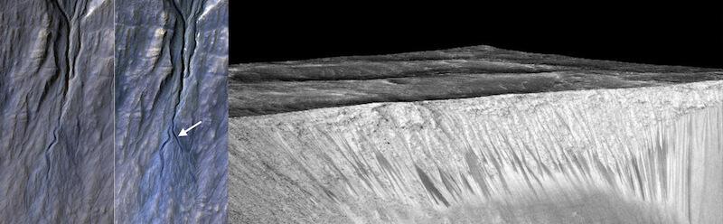 Images credit: NASA/JPL-Caltech/Univ. of Arizona, of a newly-formed gully on the Martian surface (L) and of the series of gullies where the salt deposits were found (R).