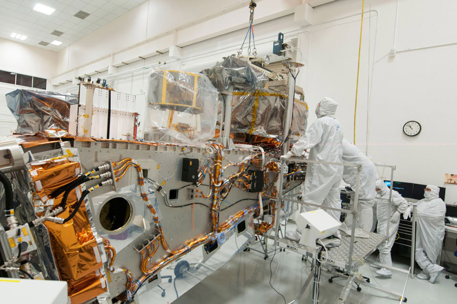 Ball and Raytheon technicians integrate the VIIRS Optical and Electrical Modules onto the JPSS-1 spacecraft in 2015. The spacecraft will be ready for launch later this year. Credit: Ball Aerospace & Technologies Corp.