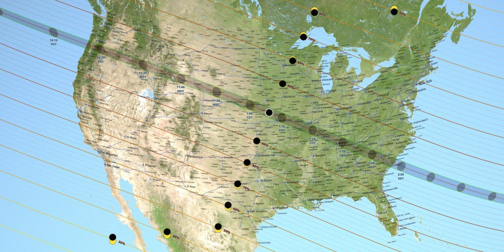 A map of the United States showing the path of totality for the August 21, 2017 total solar eclipse. Image credit: NASA's Scientific Visualization Studio