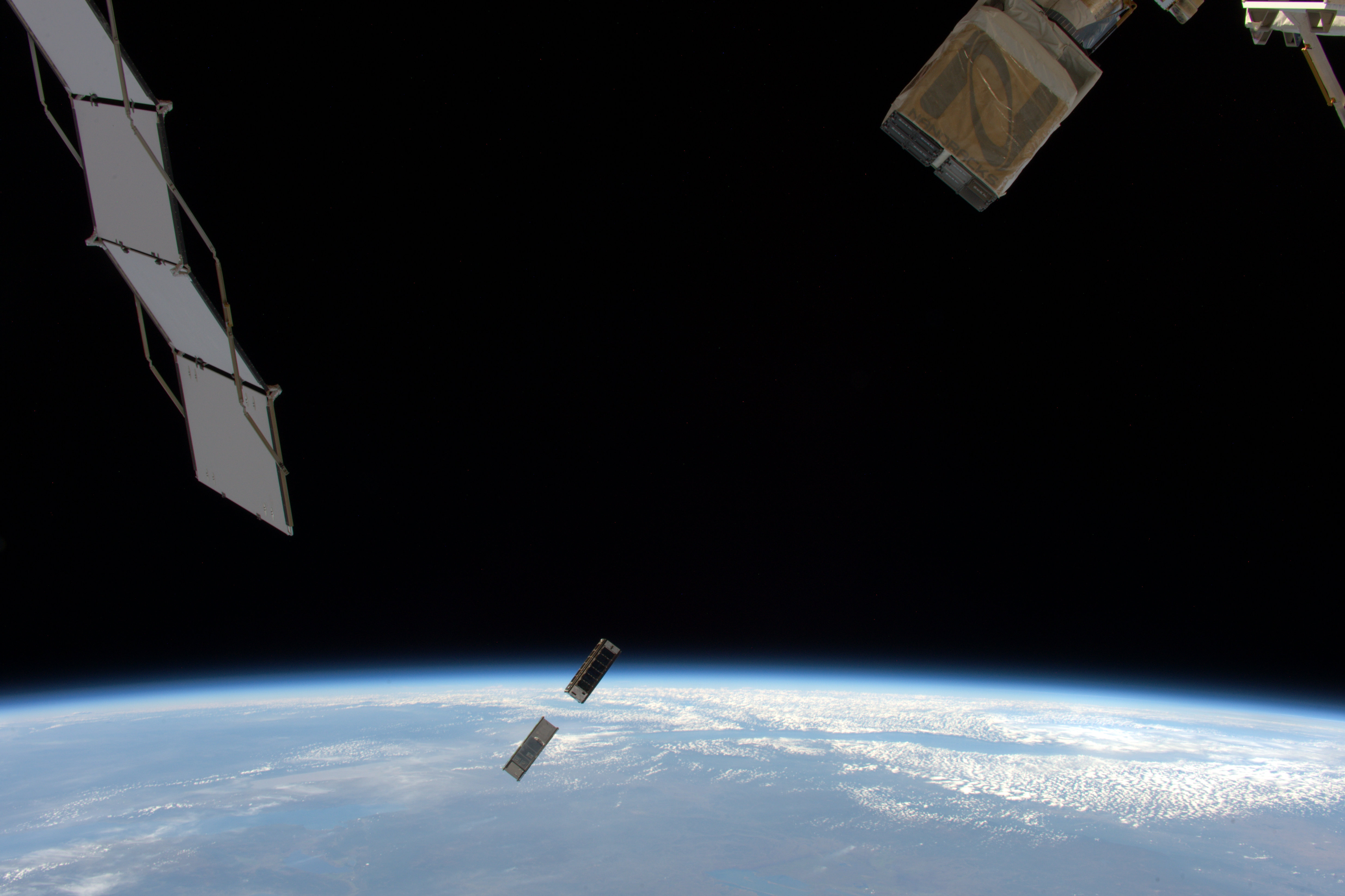 Astronaut Tim Peake on board the International Space Station captured this image of a CubeSat deployment on May 16, 2016.