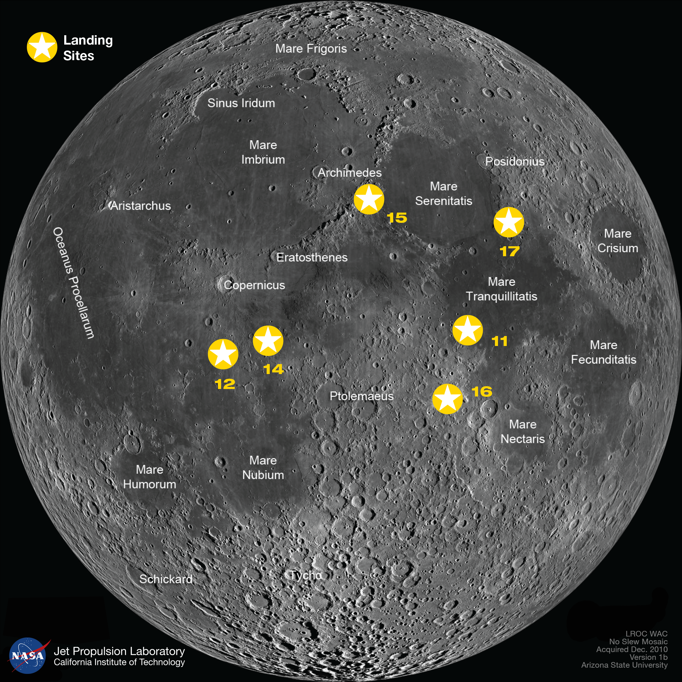 This image shows some of the features you might see if you closely observe the Moon. The stars represent the six Apollo landing sites on the Moon. Credit: NASA/GSFC/Arizona State University (modified by NASA/JPL-Caltech)