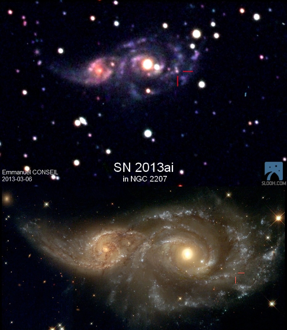 The NGC 2207 galaxy prior to the emergence of supernova SN 2013ai (bottom) and after (top). Credit: NASA/ESA, Emmanuel Conseil.