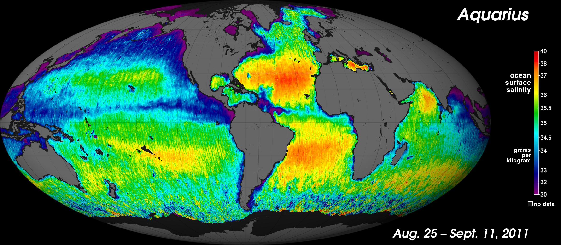 Map of global ocean salinity produced from only two and a half weeks of Aquarius data.