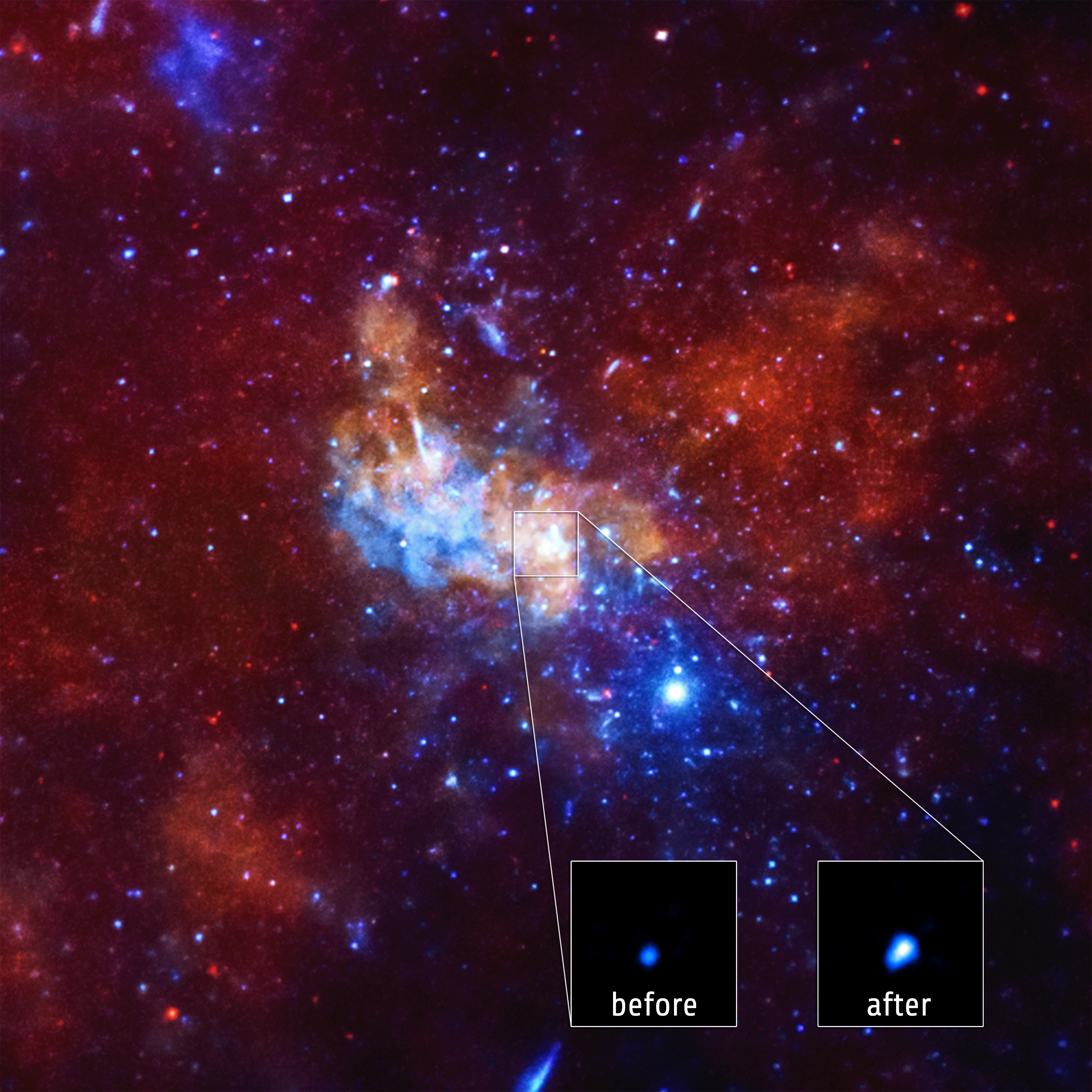 Image credit: NASA/CXC/Amherst College/D.Haggard et al., of the galactic center in X-rays. Sagittarius A* is the supermassive black hole at our Milky Way's center, which normally emits X-ray light of a particular brightness. However, 2013 saw a flare incr
