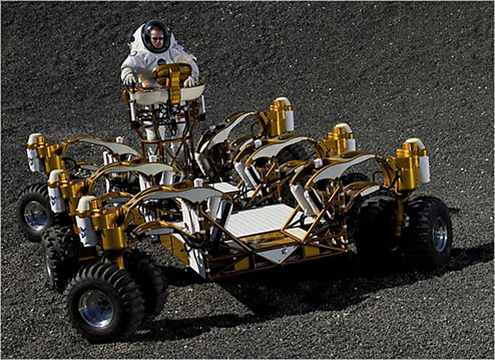 The Chariot Lunar Truck is one idea for a vehicle equal to the lunar terrain. Each of the six wheels pivot in any direction, and two turrets allow the astronauts to rotate 360°.