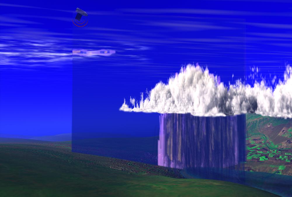 Still image from 3-D animated data simulation showing vertical structure of clouds.