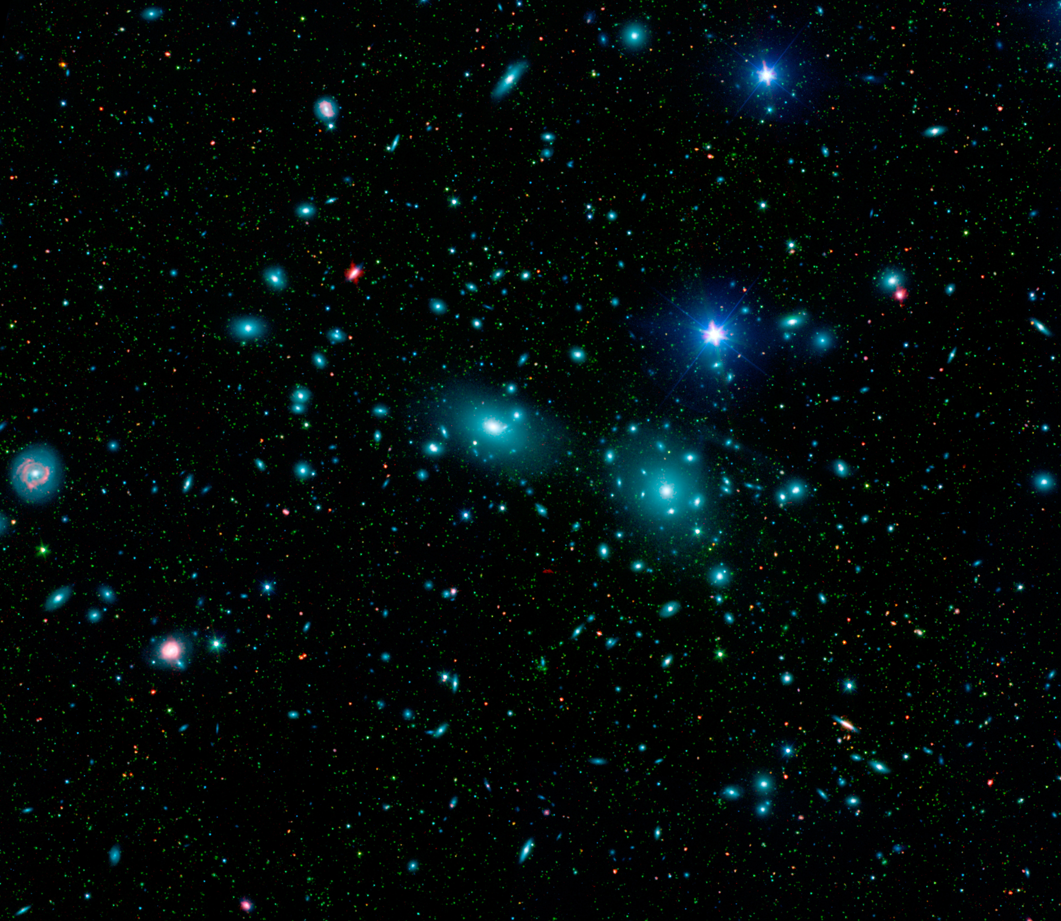 Digital mosaic of infrared light (courtesy of Spitzer) and visible light (SDSS) of the Coma Cluster, the largest member of the Coma Supercluster. Image credit: NASA / JPL-Caltech / Goddard Space Flight Center / Sloan Digital Sky Survey.
