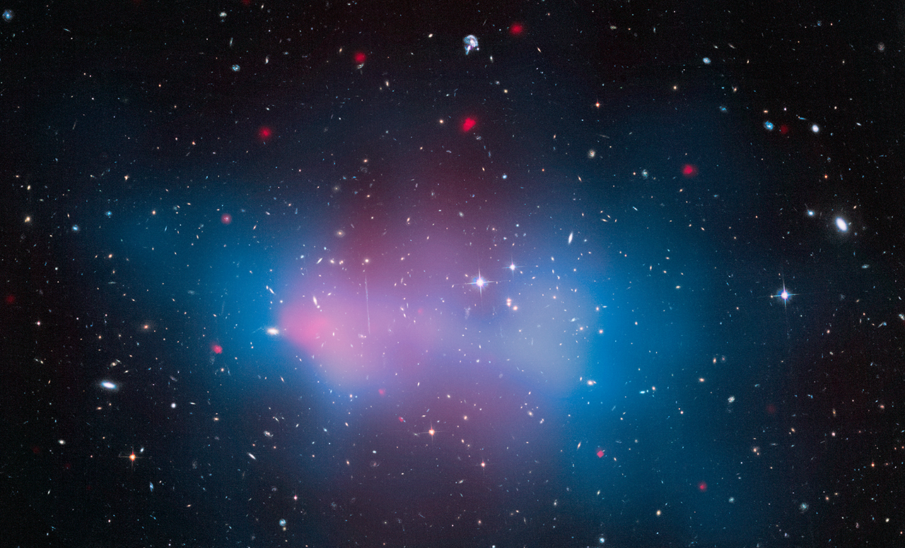 X-rays are shown in pink from Chandra; the overall matter density is shown in blue, from lensing derived from the Hubble space telescope. 10 billion light-years distant, El Gordo is the most massive galaxy cluster ever found.
