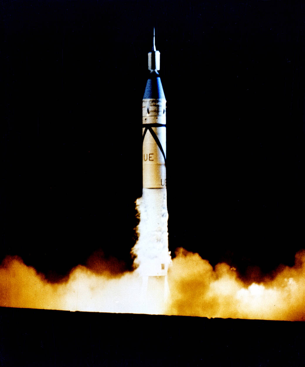This photo shows the launch of Explorer 1 from Cape Canaveral, Fla., on Jan. 31, 1958. Explorer 1 is the small section on top of the large Jupiter-C rocket that blasted it into orbit.