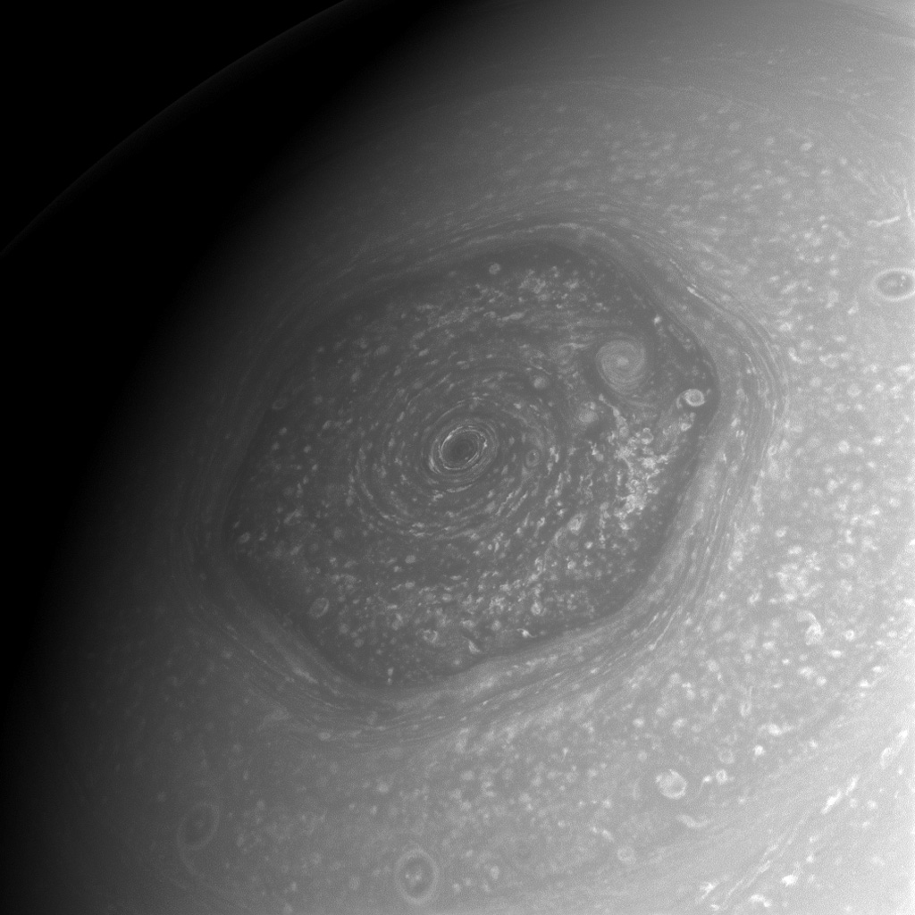 This image of the hexagonal storm on Saturn's north pole was taken by Cassini in 2013. Image credit: NASA/JPL-Caltech/Space Science Institute