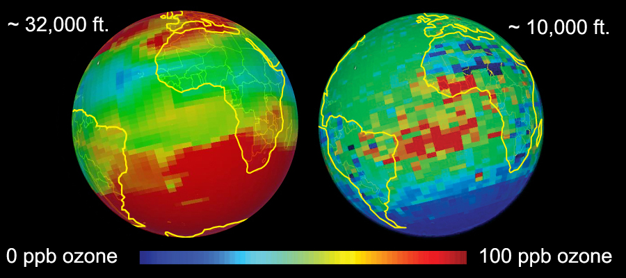 Altitude-specific ozone data from the TES instrument is plotted using Google Earth.