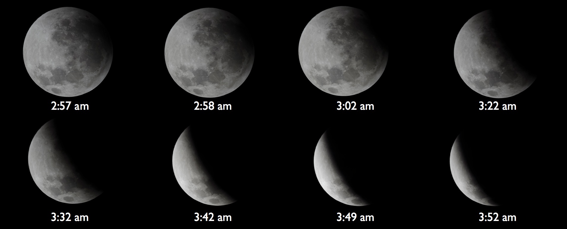 Daniel Munizaga (NOAO South/CTIO EPO), using the Cerro Tololo Inter-American Observatory, of an eight-image sequence of the partial phase of a total lunar eclipse.