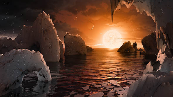 This artist's concept allows us to imagine what it would be like to stand on the surface of the exoplanet TRAPPIST-1f, located in the TRAPPIST-1 system in the constellation Aquarius.  Credit: NASA/JPL-Caltech/T. Pyle (IPAC)
