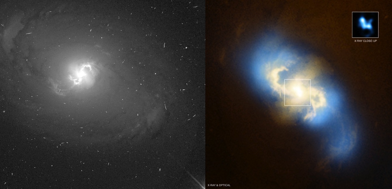 NGC 3393 in the optical (L) by M. Malkan (UCLA), HST, NASA (L); NGC 3393 in the X-ray and optical (R), composite by NASA / CXC / SAO / G. Fabbiano et al. (X-ray) and NASA/STScI (optical).