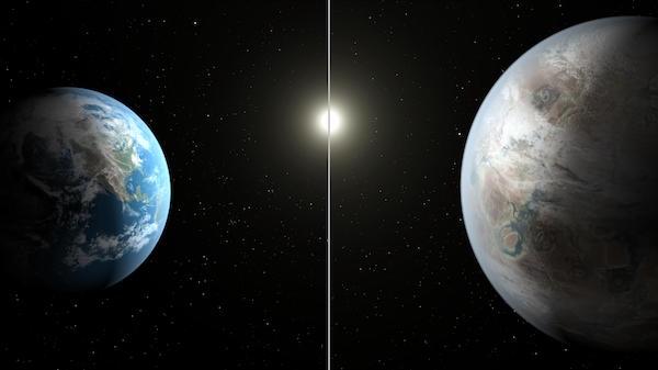 An artist?s conception of the exoplanet Kepler-452b (R), a possible candidate for Earth 2.0, as compared with Earth (L). Image credit: NASA/Ames/JPL-Caltech/T. Pyle.