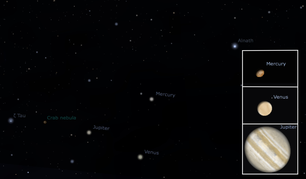 Mercury, Venus and Jupiter will snuggle together in the sky May 26, 2013.