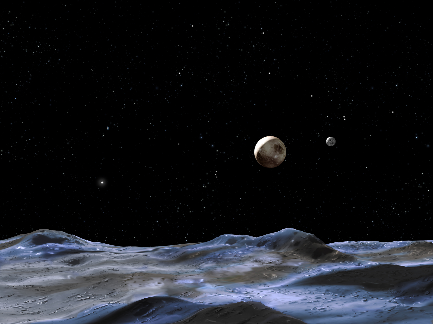 Pluto and two of its moons as seen from the third moon.