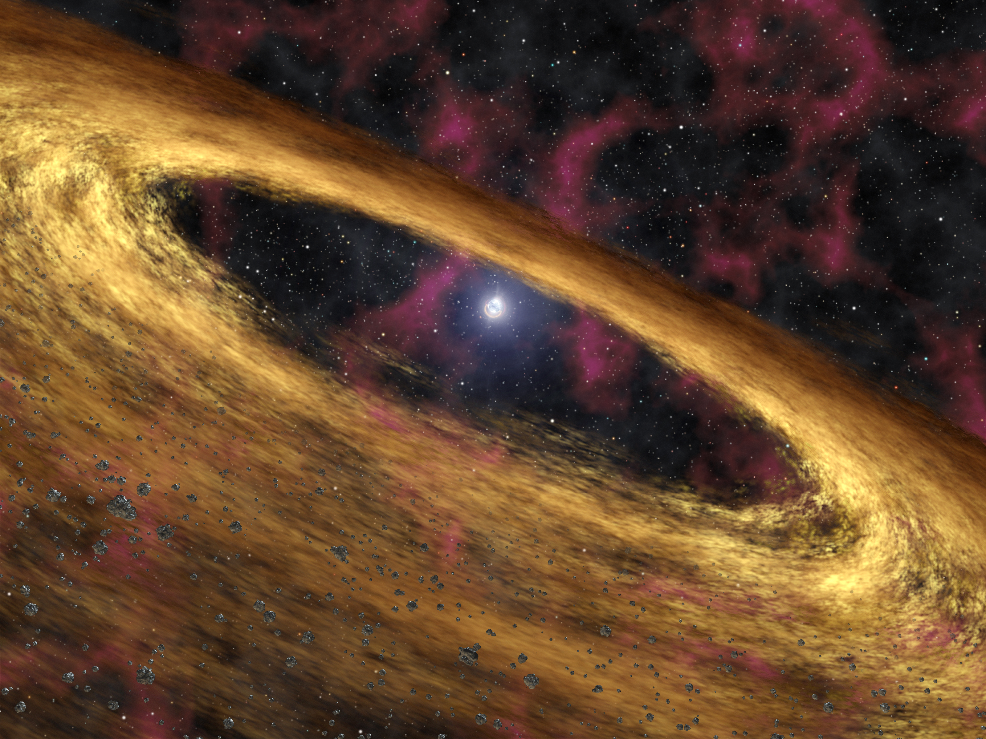Artist’s concept of a pulsar and surrounding disk of rubble called a “fallback” disk, out of which new planets could form.