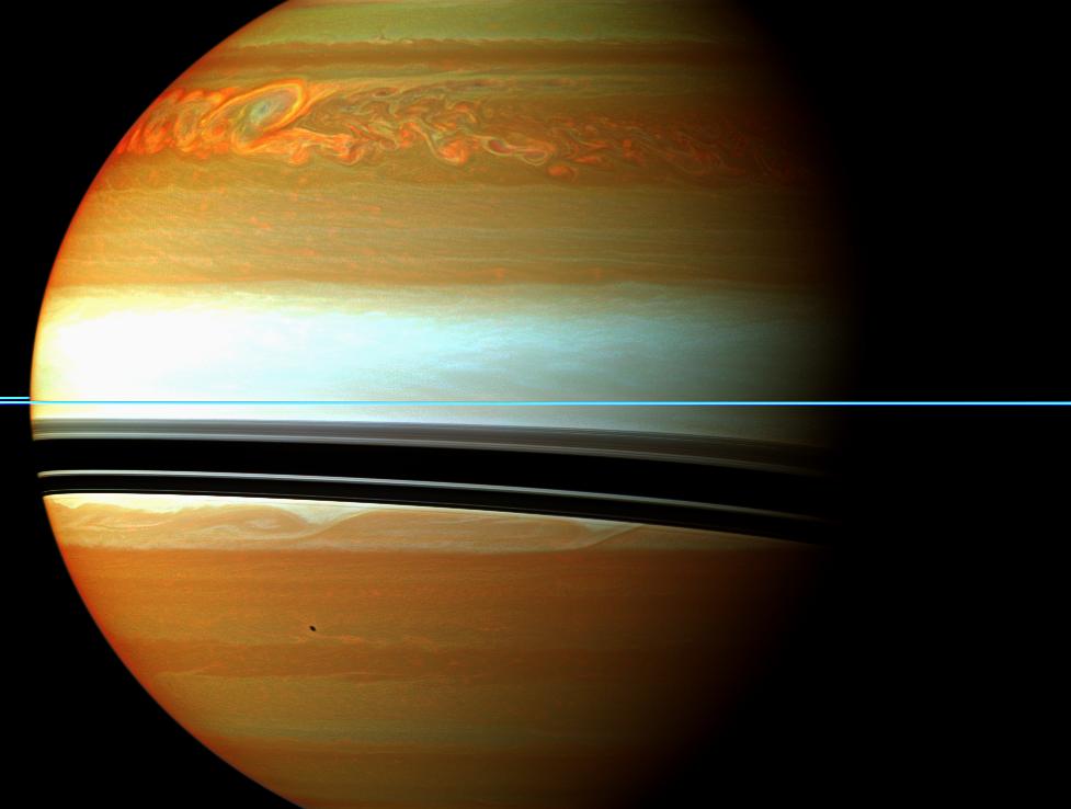 Cassini image shows huge storm raging across Saturn's northern hemisphere.